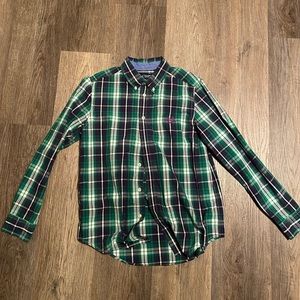 Green and blue patterned button up shirt